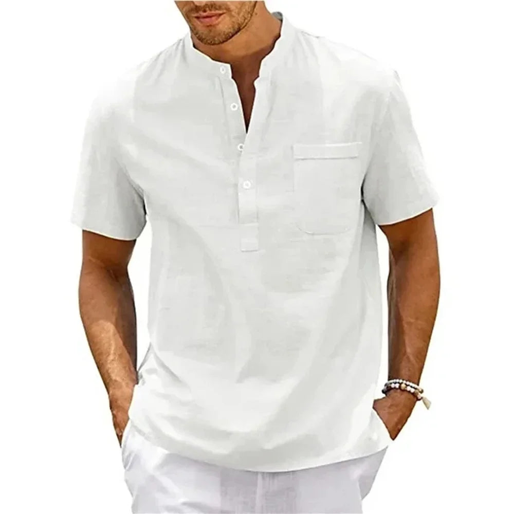 Cotton Linen Shirt Men Henley Neck Pocket Casual Beach Short Sleeve Solid Color Male Tops T-shirts Vintage Streetwear - Live Store 4U