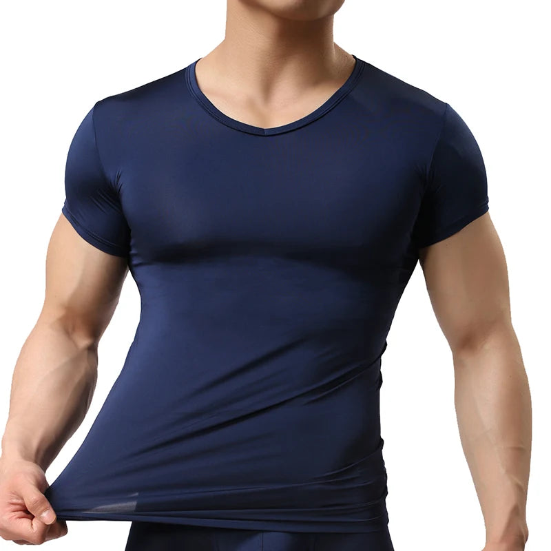 Men's Sheer Undershirts Man Ice Silk Mesh See through Basics Shirts Sexy Fitness Bodybuilding Underwear - Live Store 4U