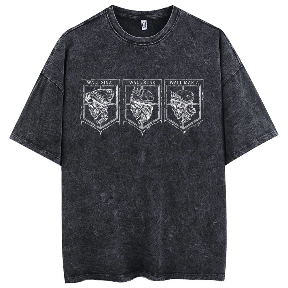 Men Washed Anime Attack On Titan T-Shirt Hip Hop Streetwear Graphic Print Oversize Tshirt Short Sleeve Cotton Loose Vintage Tops - Live Store 4U