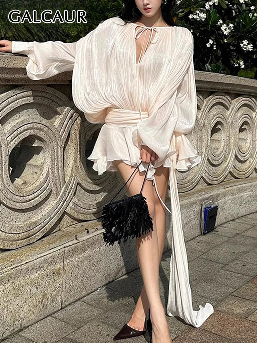 GALCAUR Solid Loose Splicd Lace Up Dresses For Women V Neck Long Sleeves Patchwork Ruffles Tunic Dreses Female Fashio New - Live Store 4U