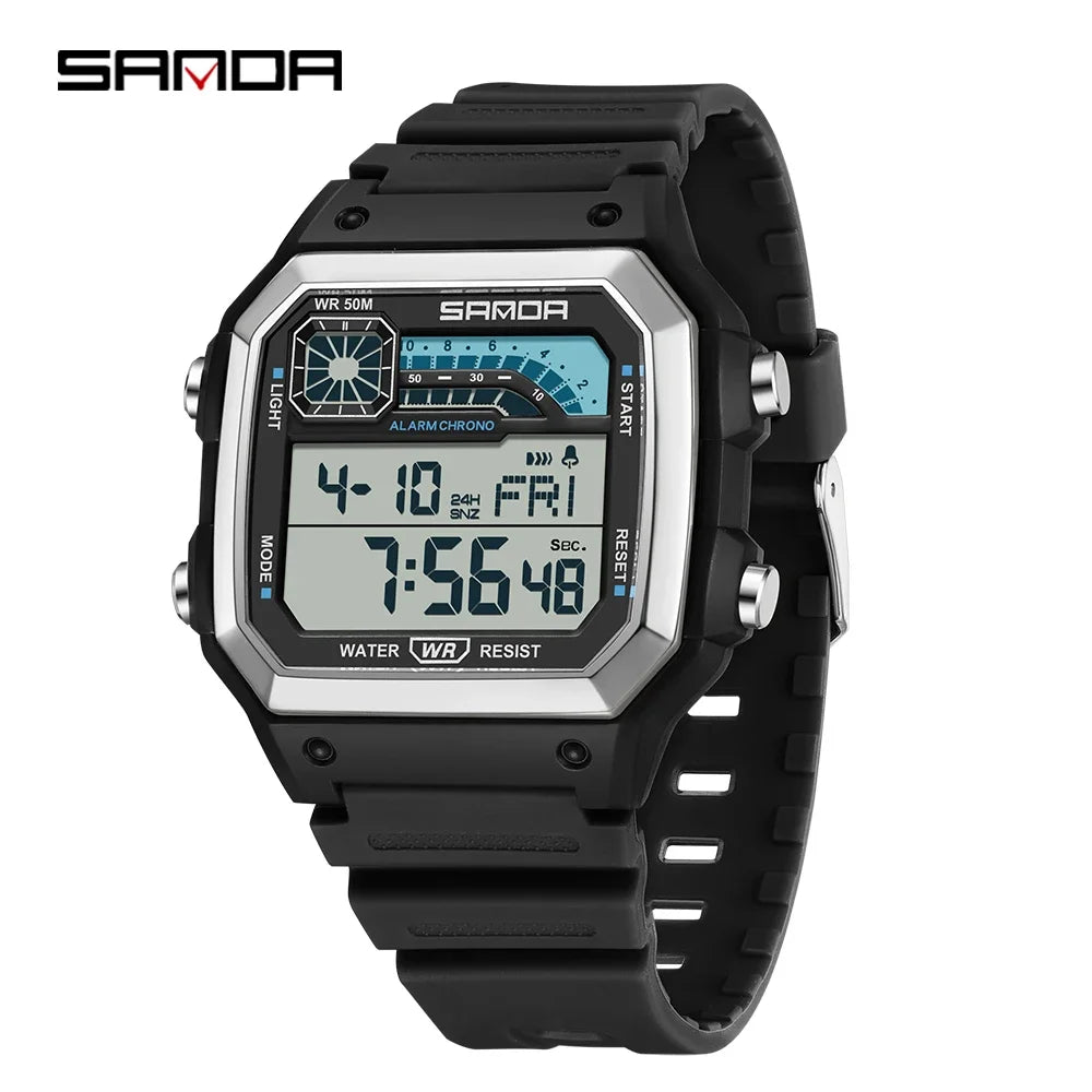 SANDA 6196 Electronic Watch Multi functional Night Glow Waterproof Sports Men's Lightweight Square Classic Student Watch
