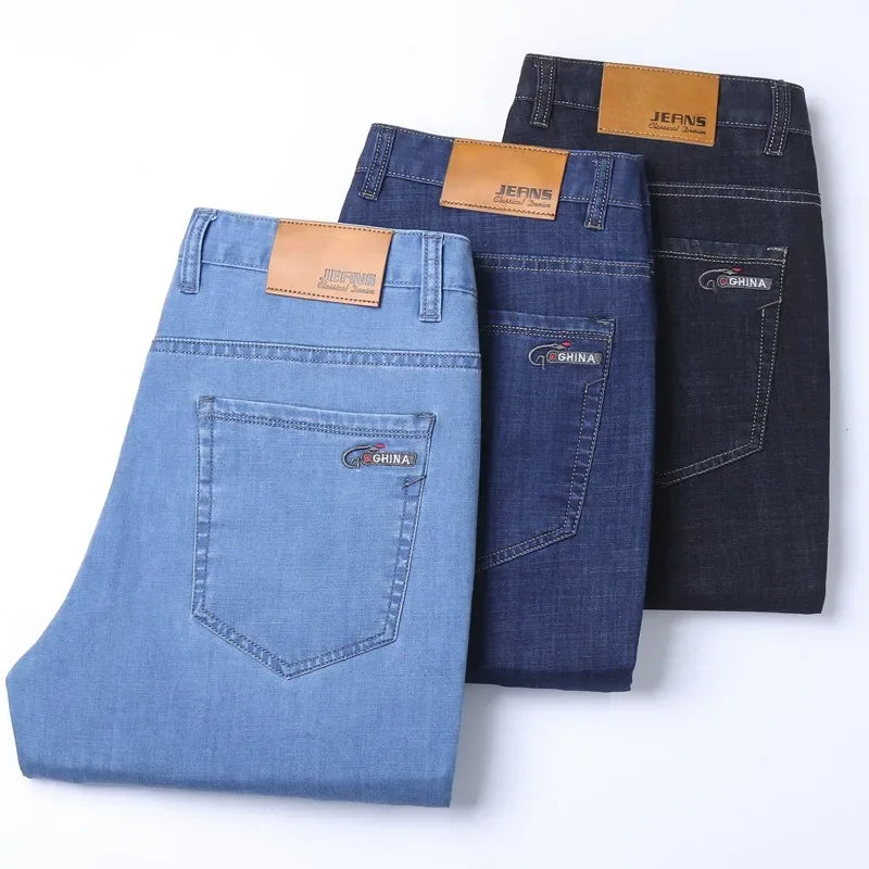 New Ice Silk Thin Denim Jeans For Men Blue Straight Stretch Cotton Pants Business Casual Lightweight Trousers Spring Summer - Live Store 4U