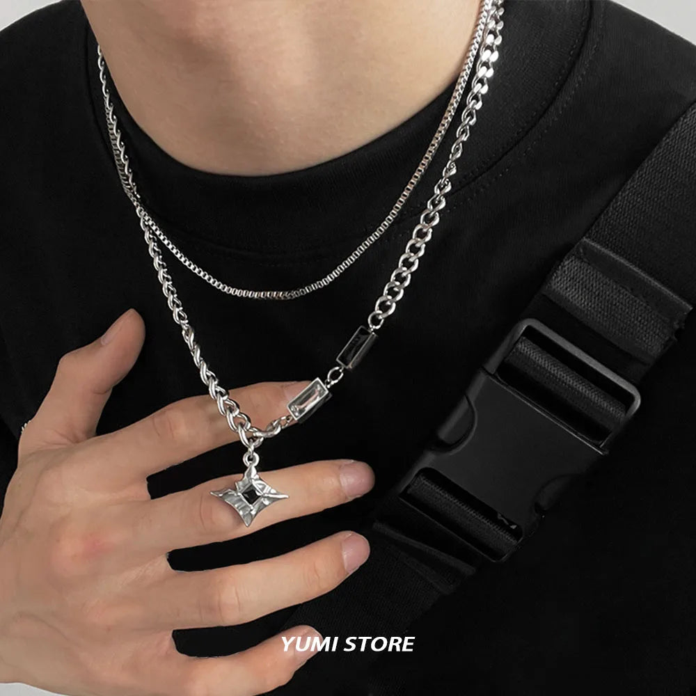 Hip Hop Zircon Star Double Layer Necklace For Men Women Trend Charm Titanium Steel Pendant Chain Unisex Jewelry Wholesale - Live Store 4U