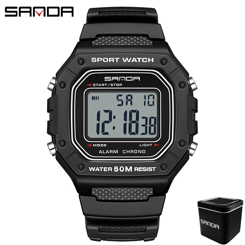 SANDA 2156 Men Watch New Model Electronic Digital Movement Rectangle Led Display Dial Outdoor Sports Watertight Male Wrist Watch