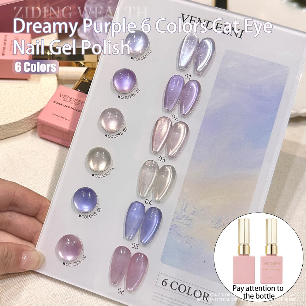 Vendeeni 6 Colors Crystal Cat Eye Gel Nail Polish Set Semi Permanent Sparkling Magnetic UV LED Soak Off Gel Varnish With Display