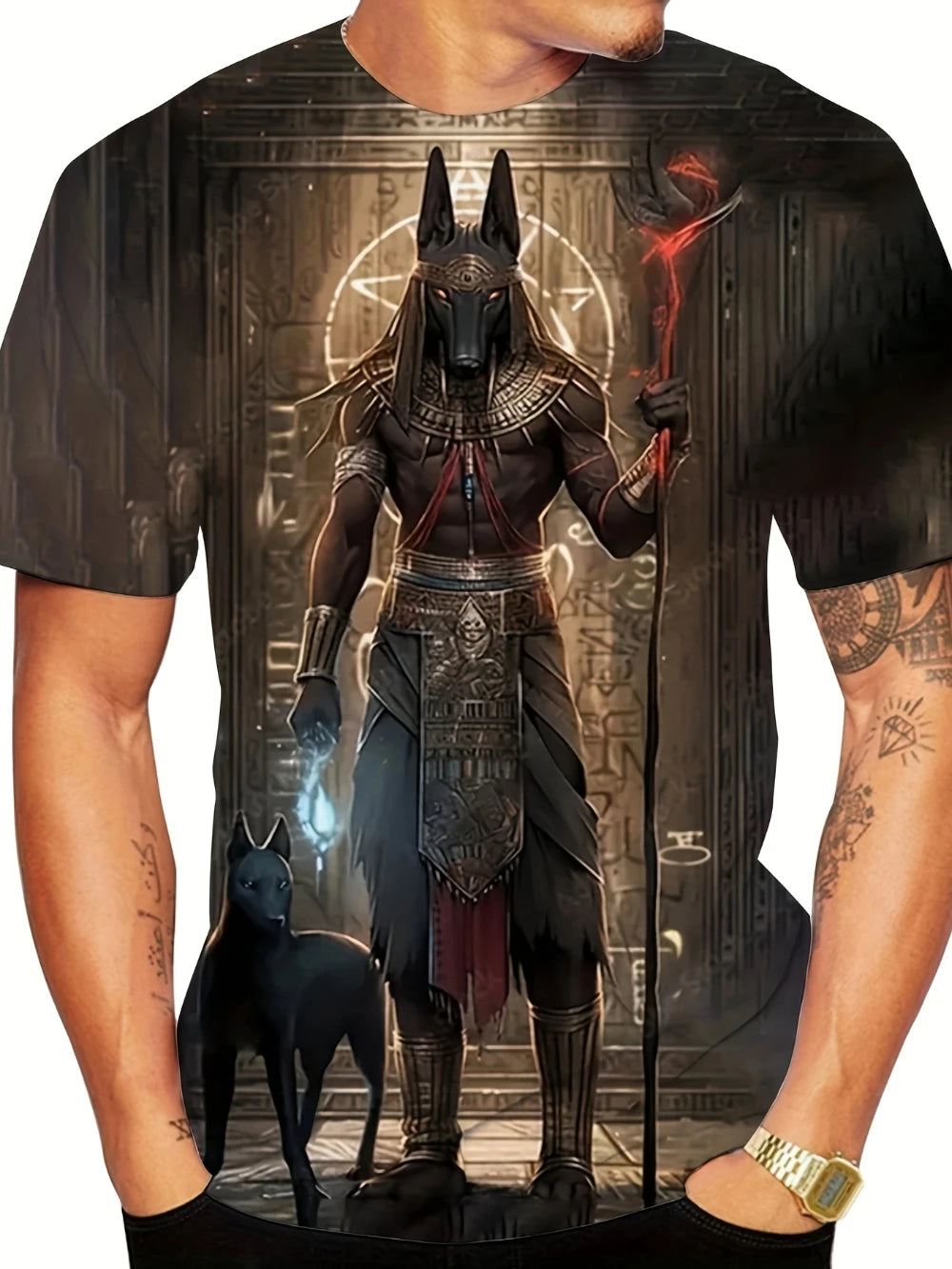Egyptian Mythology Pattern Men's T-Shirt Hunting Tmall and Anubis Design Cyberpunk Style Short Sleeve Men's Light Casual Edition