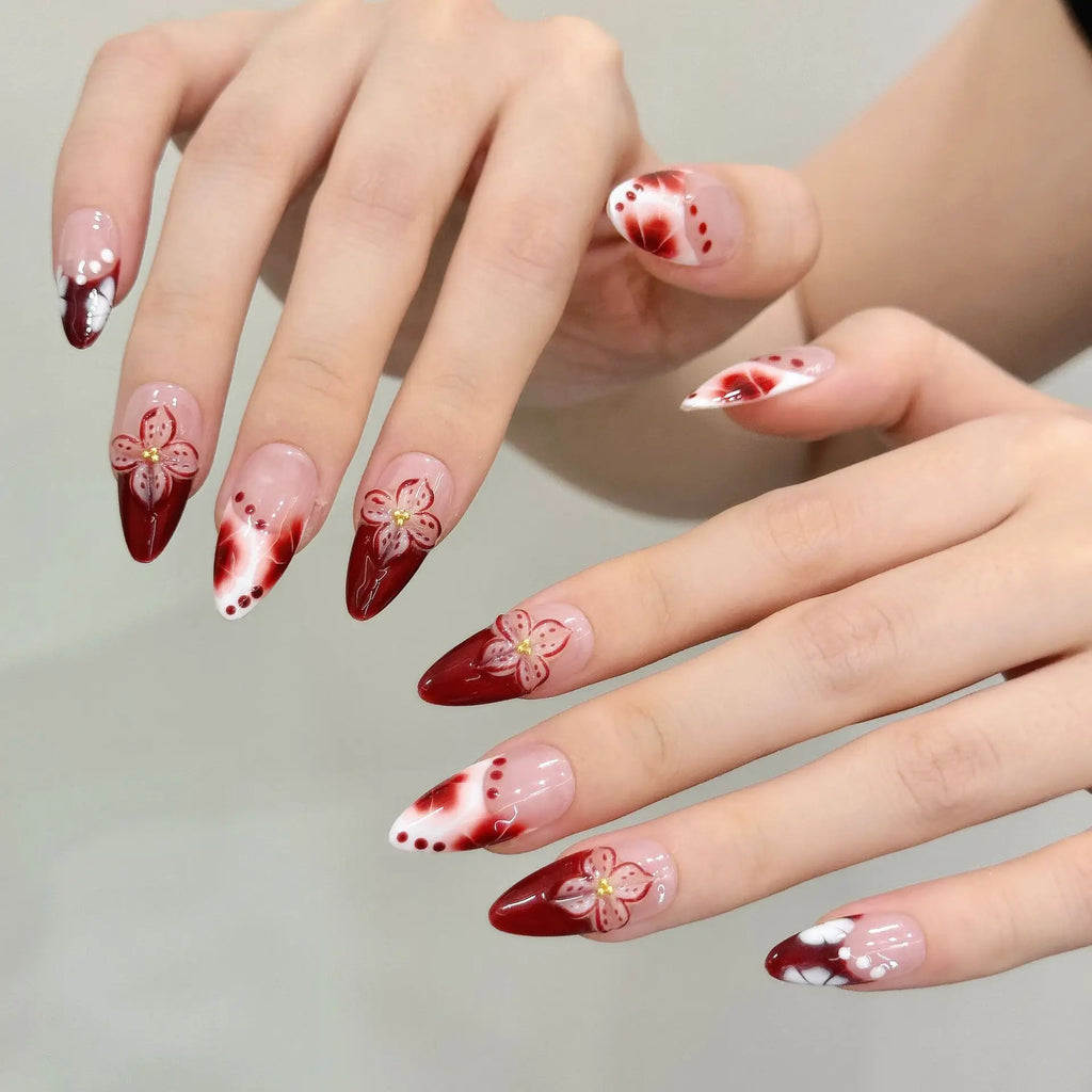 10 PCS Luxury Handmade Press on Nails Almond Hand paint Halo dyeing Design with 3-PIECE Tool Adhesive Nail Glue Tabs