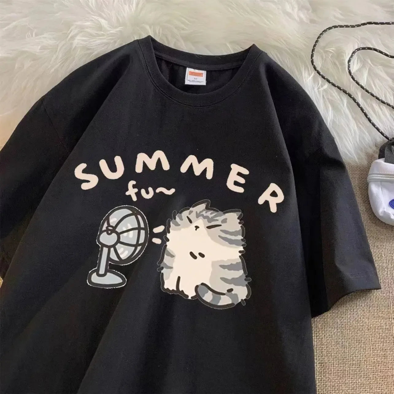 Fan Cat and Women Pure T-shirt for Men American Street Creative Blow Summer Relaxed Short Sleeve Couple Wear INS Top - Live Store 4U