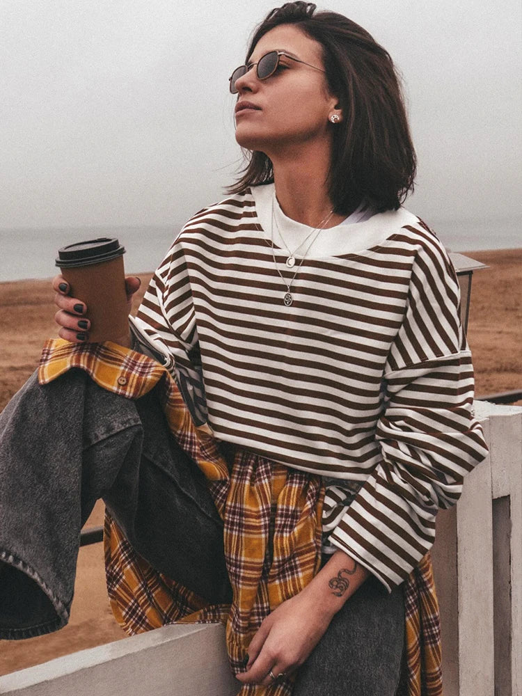 Women's Striped T-shirt 95% Cotton Oversized Black and White Casual Basic Long Sleeve Top Vintage  Casual T-shirts for Women