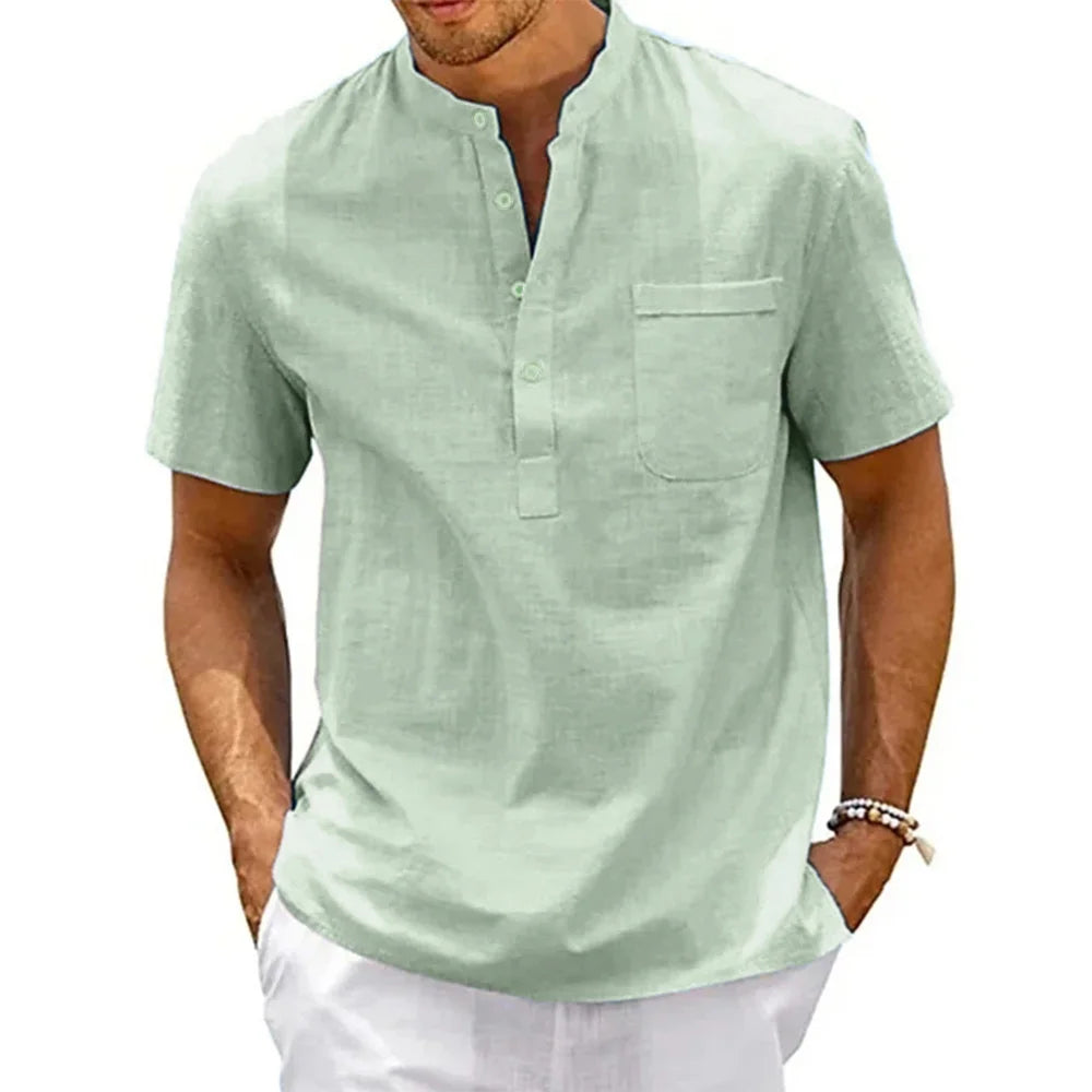 Cotton Linen Shirt Men Henley Neck Pocket Casual Beach Short Sleeve Solid Color Male Tops T-shirts Vintage Streetwear - Live Store 4U