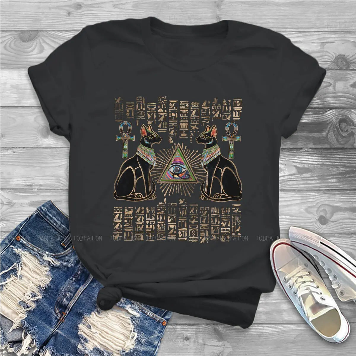 Cat Essential Women Shirts Ancient Egypt Egyptian Korean StyleT-shirt Kawaii 100% Cotton Female Clothing