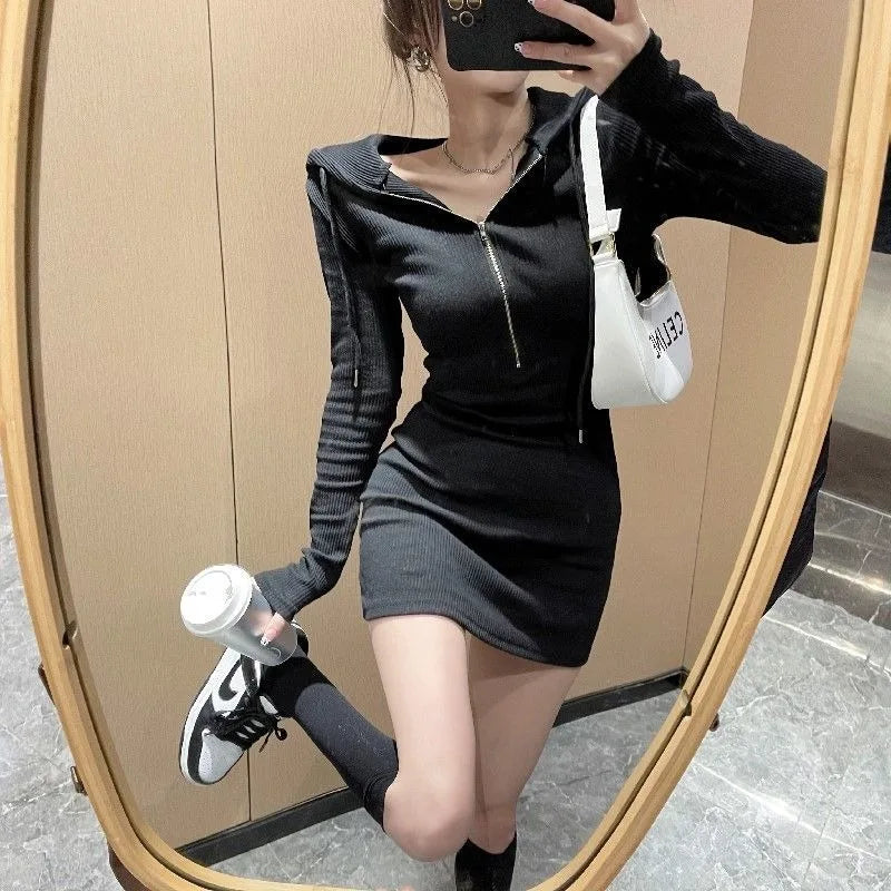 Hooded Corset Dresses for Women Tight on Sales One-piece Clothes Thic Casual Youth Beach Trendy Bodycon Woman Long Sleeve Dress