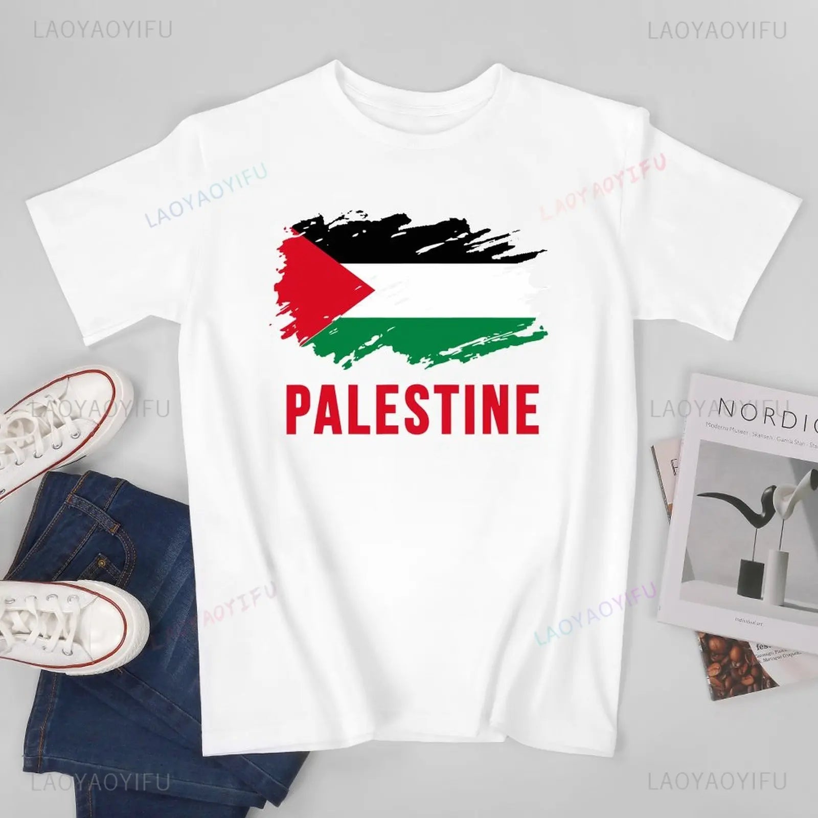 Classic Unisex Men Vintage Palestine Flag Printed T-shirt Casual Loose Tees T Shirts Women Summer Outdoors Cotton T-Shirt