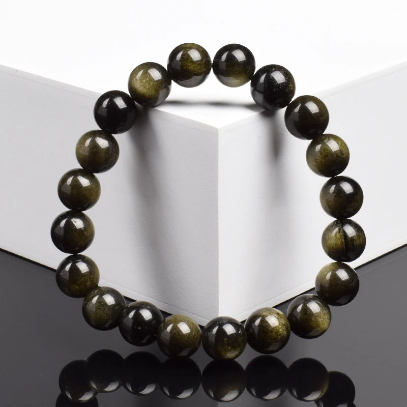 Natural Golden Obsidian Stone Beads Bracelet Men Women Golden Light Rainbow Obsidian Raw Stone Round Bead Natural Energy Jewelry - Live Store 4U