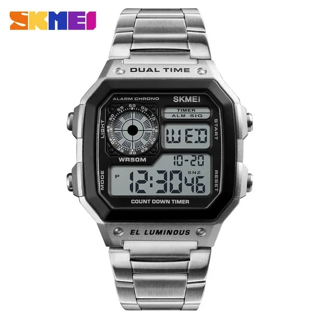 SKMEI 1335 Retro SportsDigital Watch for Men Waterproof Chrono Electronic Mens Wristwatches Stainless Steel Clock Reloj Hombre