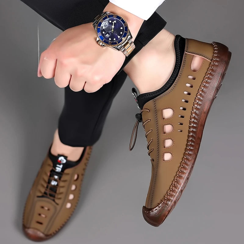 Men's Soft Leather 2024 Summer Men Leather Sandals Breathable Non-slip Cow Tendon Sole Casual Leather Shoes Outdoor Beach Shoes
