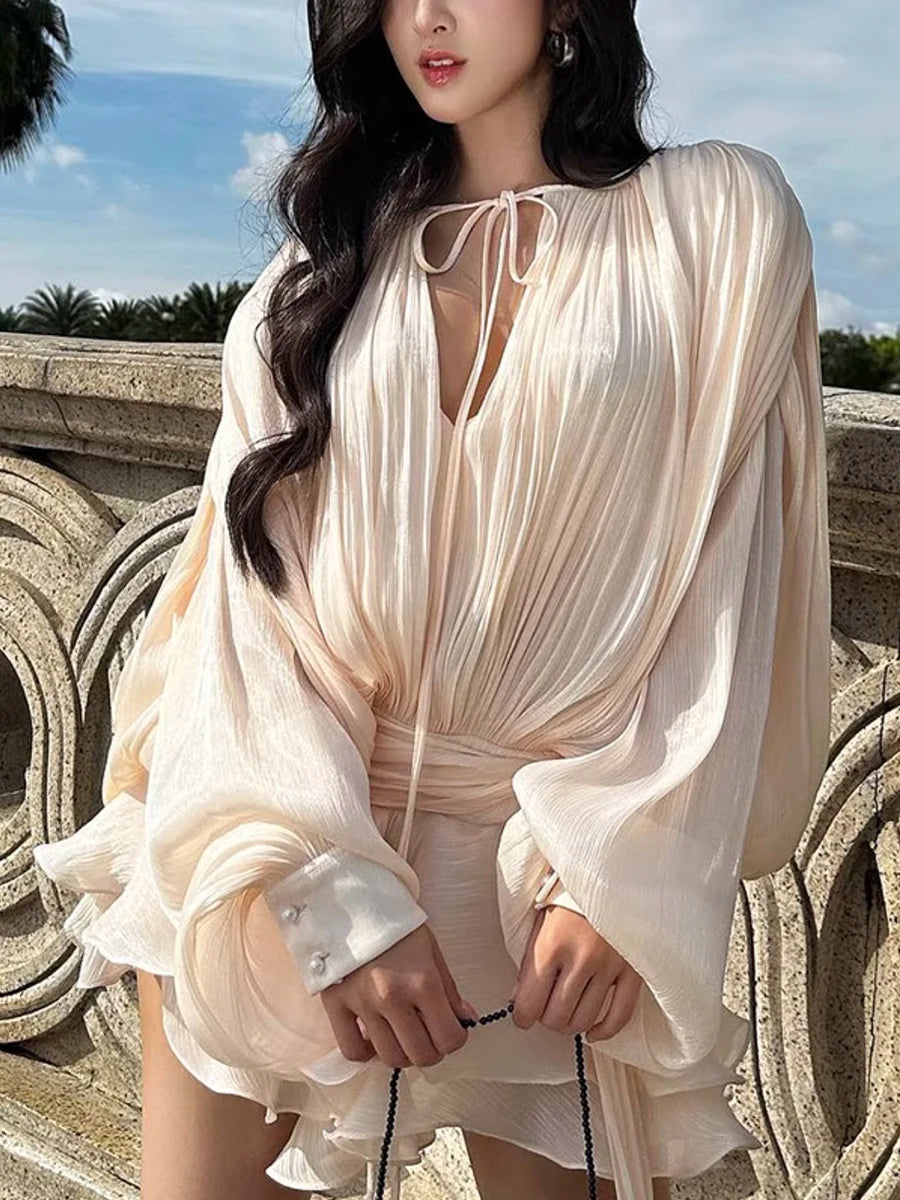 GALCAUR Solid Loose Splicd Lace Up Dresses For Women V Neck Long Sleeves Patchwork Ruffles Tunic Dreses Female Fashio New - Live Store 4U