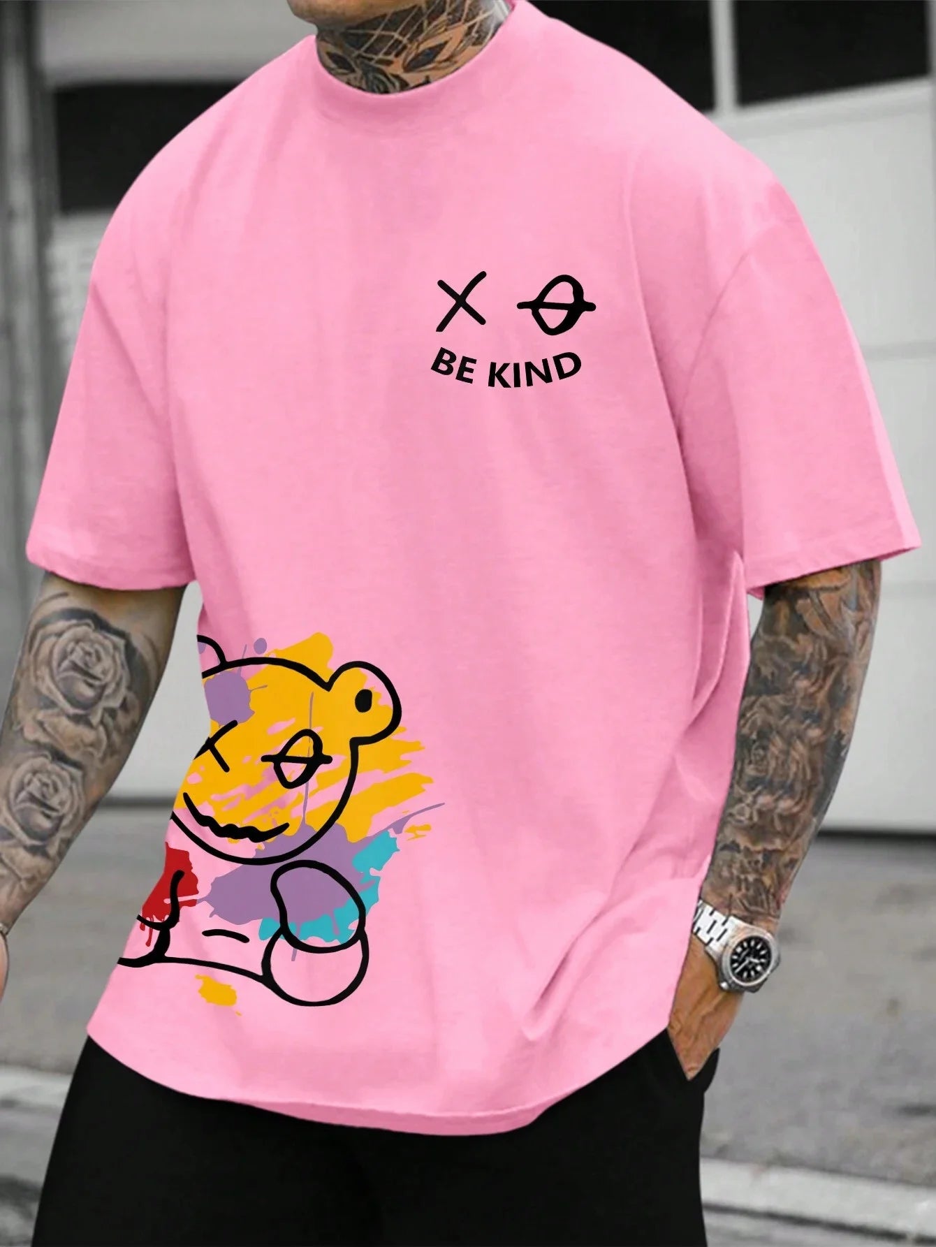 Men's 100% pure cotton summer loose size BE KIND letter cartoon print casual comfortable round neck short sleeved T-shirt top - Live Store 4U
