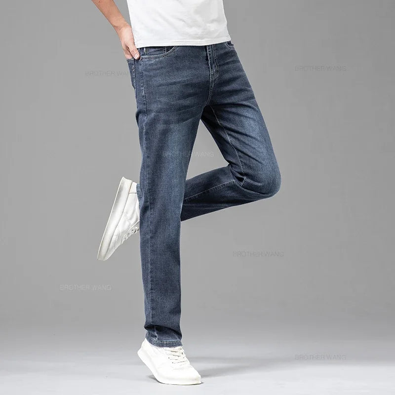 Summer Thin Men's Elastic Cotton Jeans Fashion Gray Comfortable Business Straight Casual Pants Brand Male Clothes Trousers - Live Store 4U
