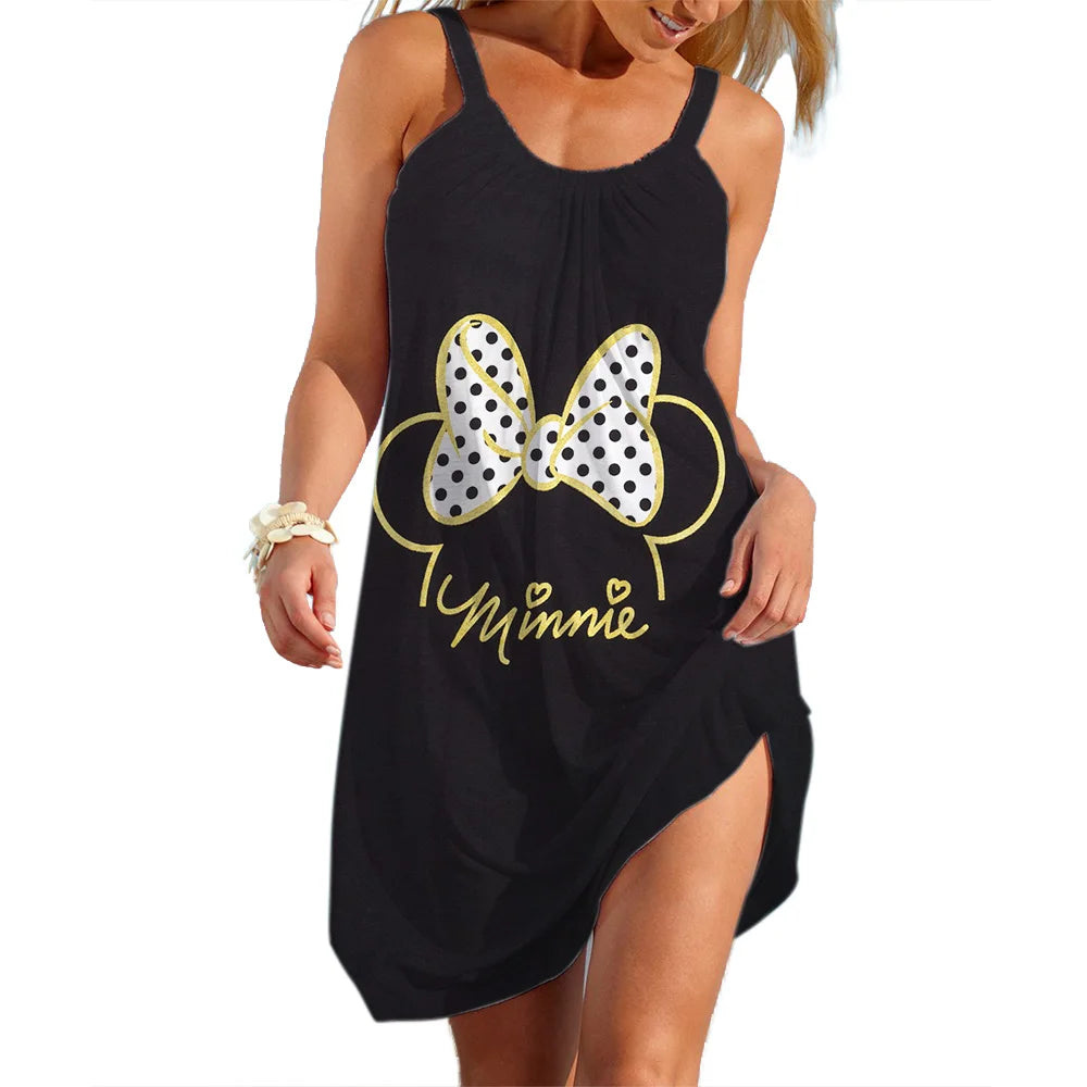 Disney Mickey Minnie Slip Dresses For Woman Summer 3D Print Clothing Cartoon Women's Beach Dress Cute Sexy Sling Beach Cool Top