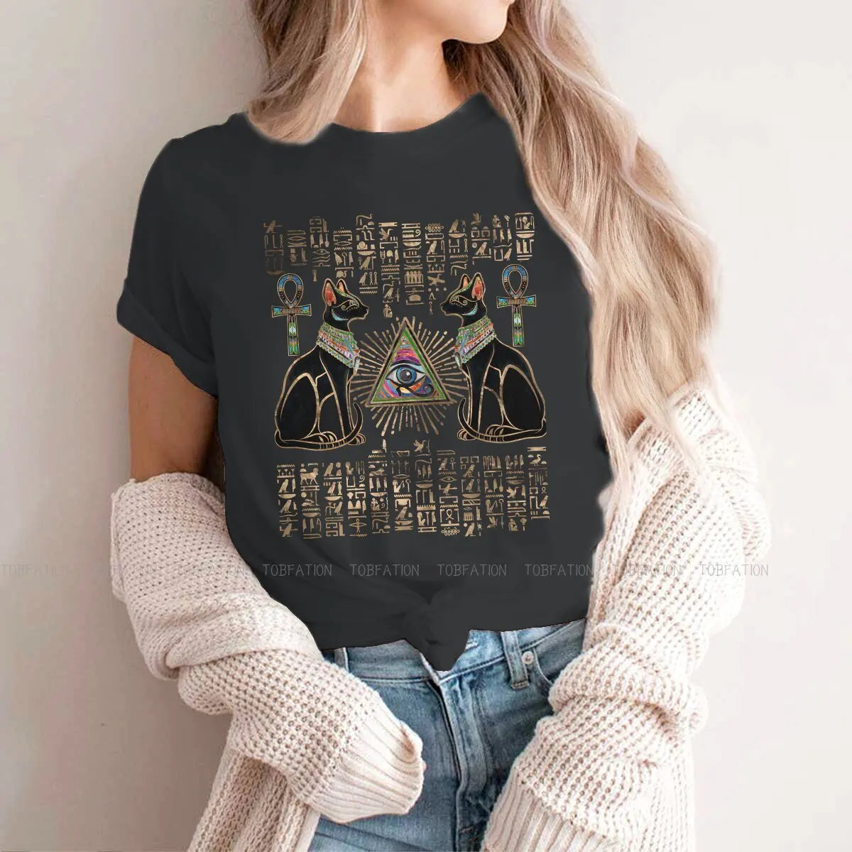 Cat Essential Women Shirts Ancient Egypt Egyptian Korean StyleT-shirt Kawaii 100% Cotton Female Clothing