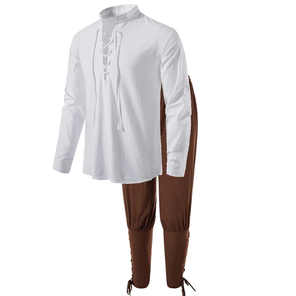 2Pcs Men's Medieval Knight Costume Set Renaissance Cosplay Pirate Shirts Ankle Banded Pants For Halloween Cotton Linen Fabric - Live Store 4U