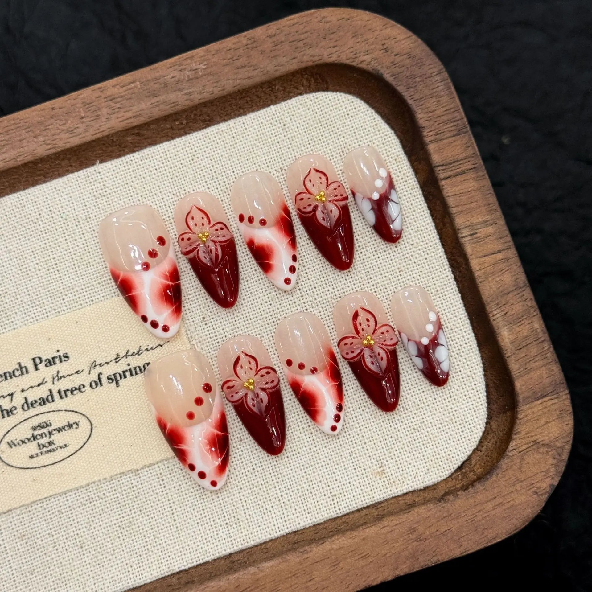 10 PCS Luxury Handmade Press on Nails Almond Hand paint Halo dyeing Design with 3-PIECE Tool Adhesive Nail Glue Tabs
