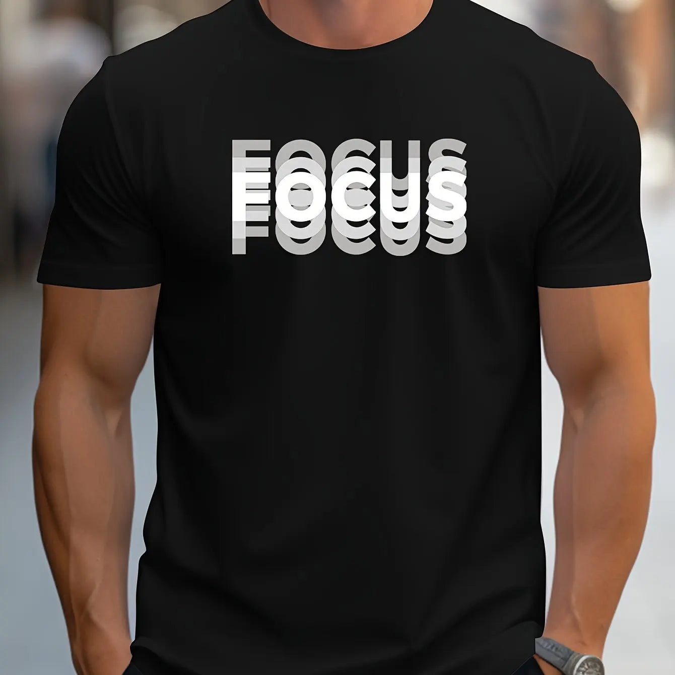 Men's 100% cotton casual sports loose oversized Focus print round neck short sleeved T-shirt top - Live Store 4U