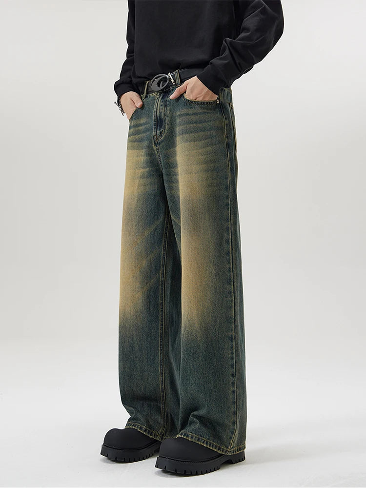 4 Colors Autumn Vintage Distressed Men's Baggy Straight Jeans Fashion Korean High Street Denim Pants Streetwear Male Trousers - Live Store 4U