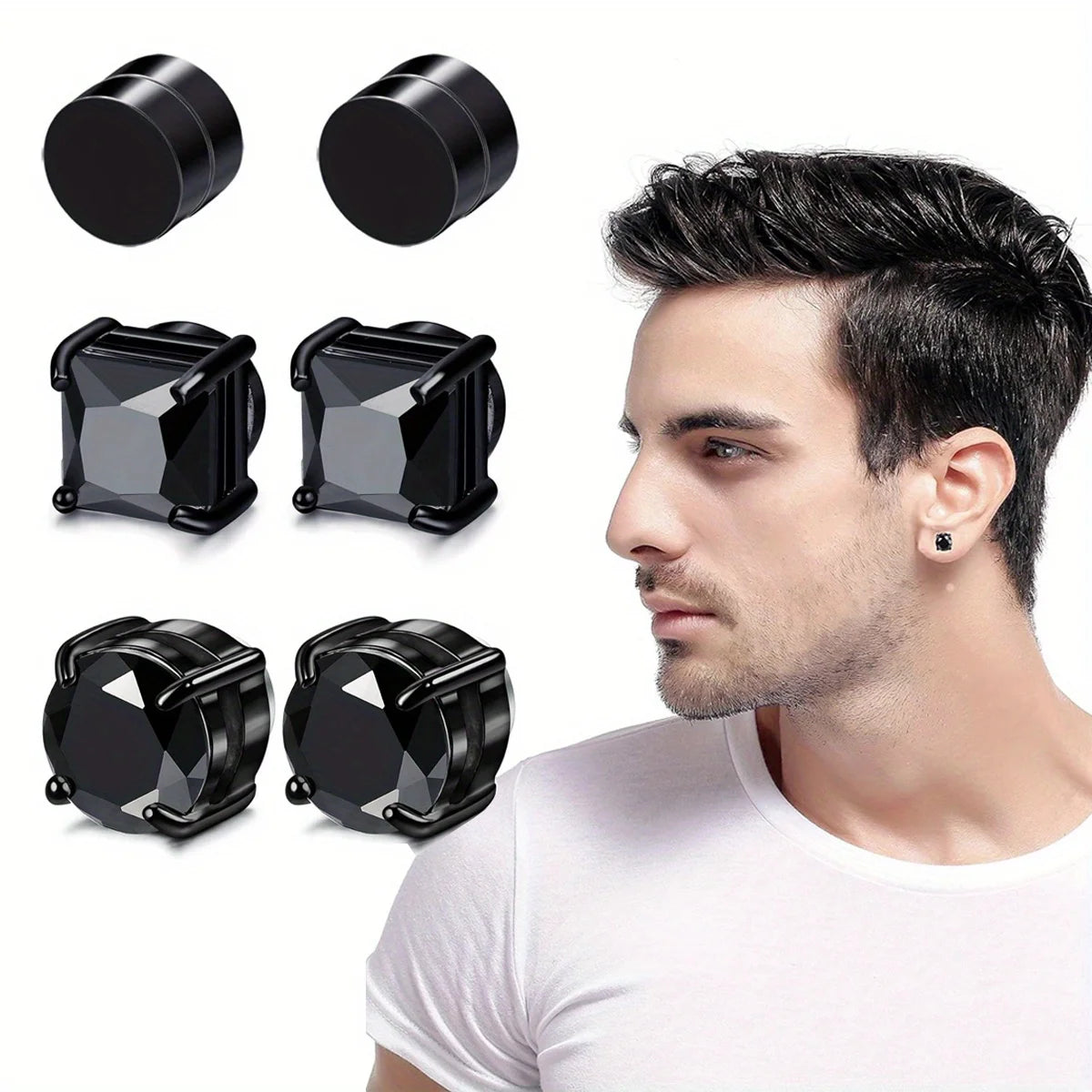 1/3Pairs 6MM Crystal Magnetic No-Pierce Stainless Steel Stud Earrings for Men Punk Zircon Magnet Earrings Non Piercing Jewelry - Live Store 4U