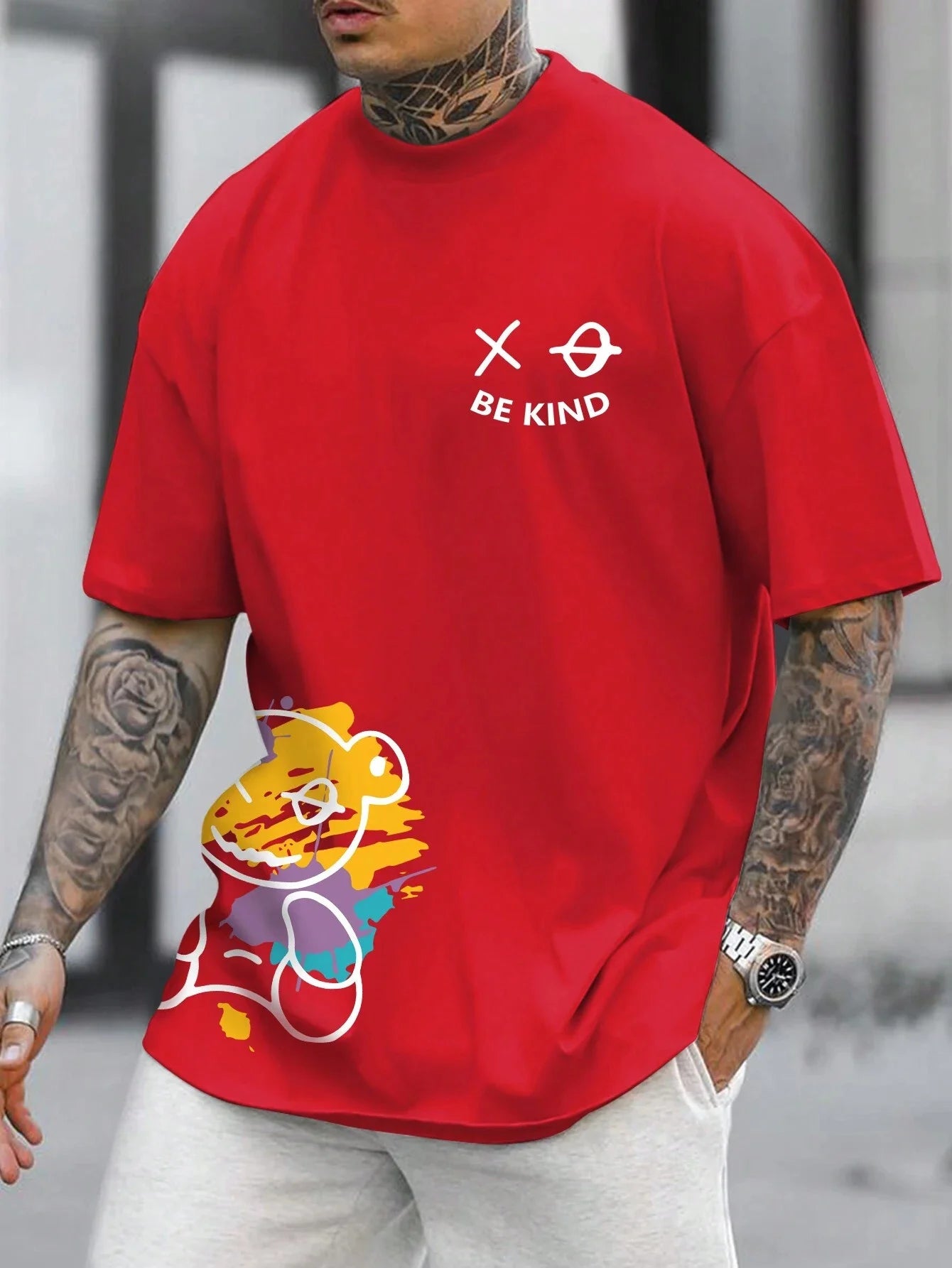 Men's 100% pure cotton summer loose size BE KIND letter cartoon print casual comfortable round neck short sleeved T-shirt top - Live Store 4U