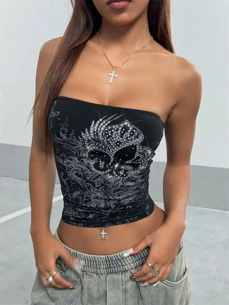 Women Gothic Print Tube Top Summer Y2K Clothes Sleeveless Off the Soulder Crop Top Streetwear - Live Store 4U