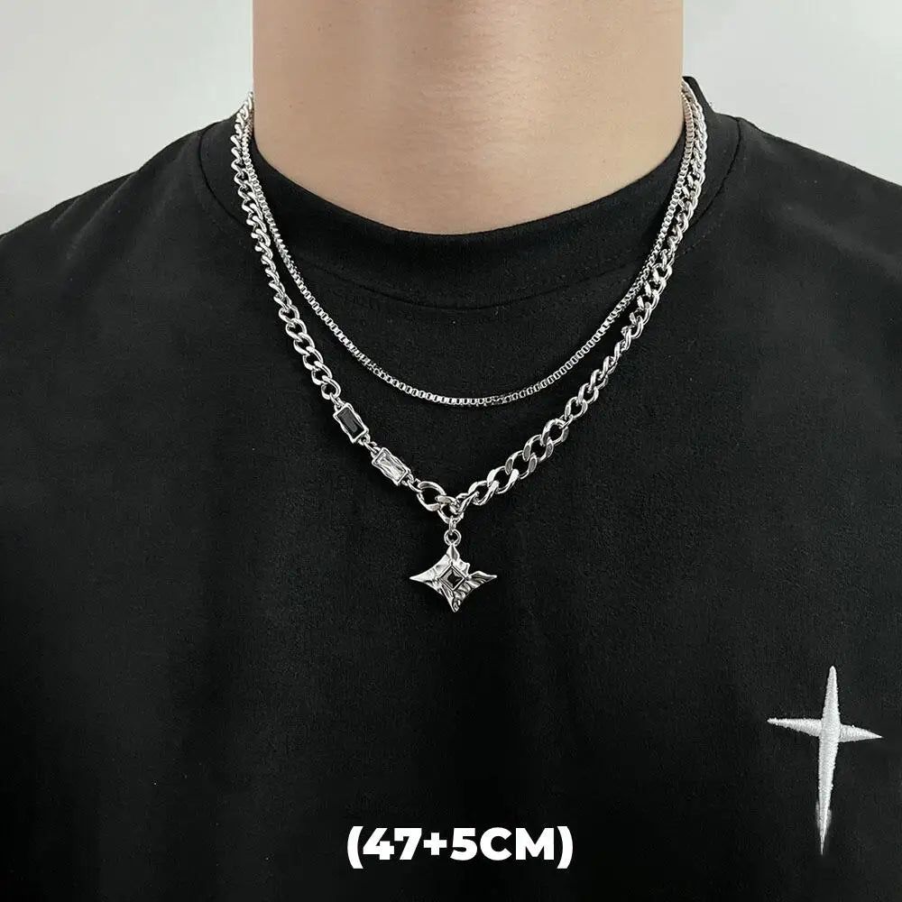 Hip Hop Zircon Star Double Layer Necklace For Men Women Trend Charm Titanium Steel Pendant Chain Unisex Jewelry Wholesale - Live Store 4U