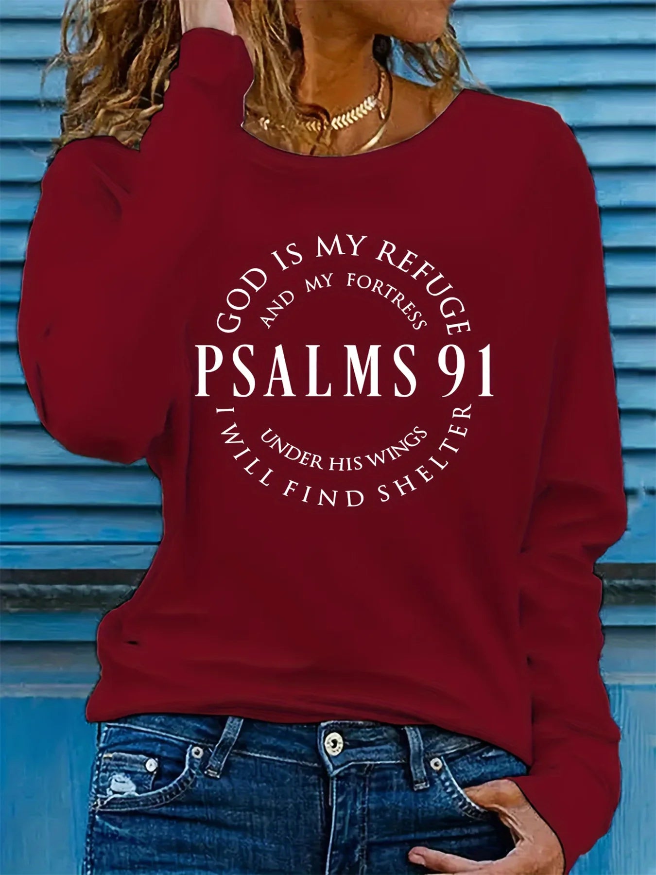 Spring and Autumn Women's 100% Cotton Fashion Casual Loose Inspirational Palms 91 Verseprint Round Neck Long Sleeve T-shirt
