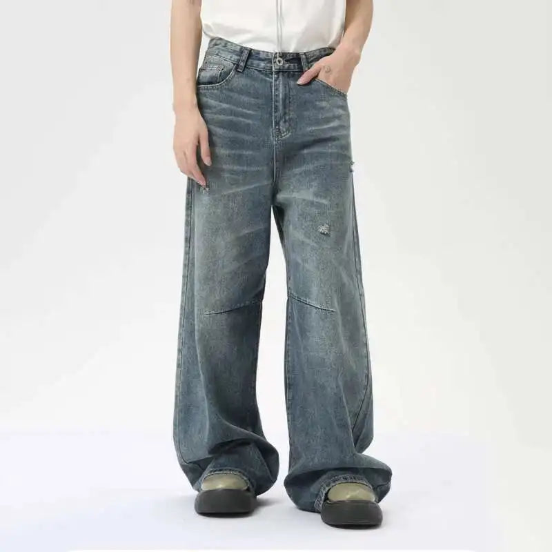 IEFB American Style Men's Denim Pants Washing Fashion Loose Men's Straight Trousers Casual Wide Leg Jeans New Summer 2024 9C6303 - Live Store 4U