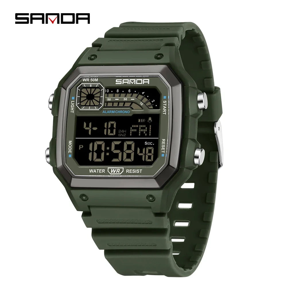 SANDA 6196 Electronic Watch Multi functional Night Glow Waterproof Sports Men's Lightweight Square Classic Student Watch