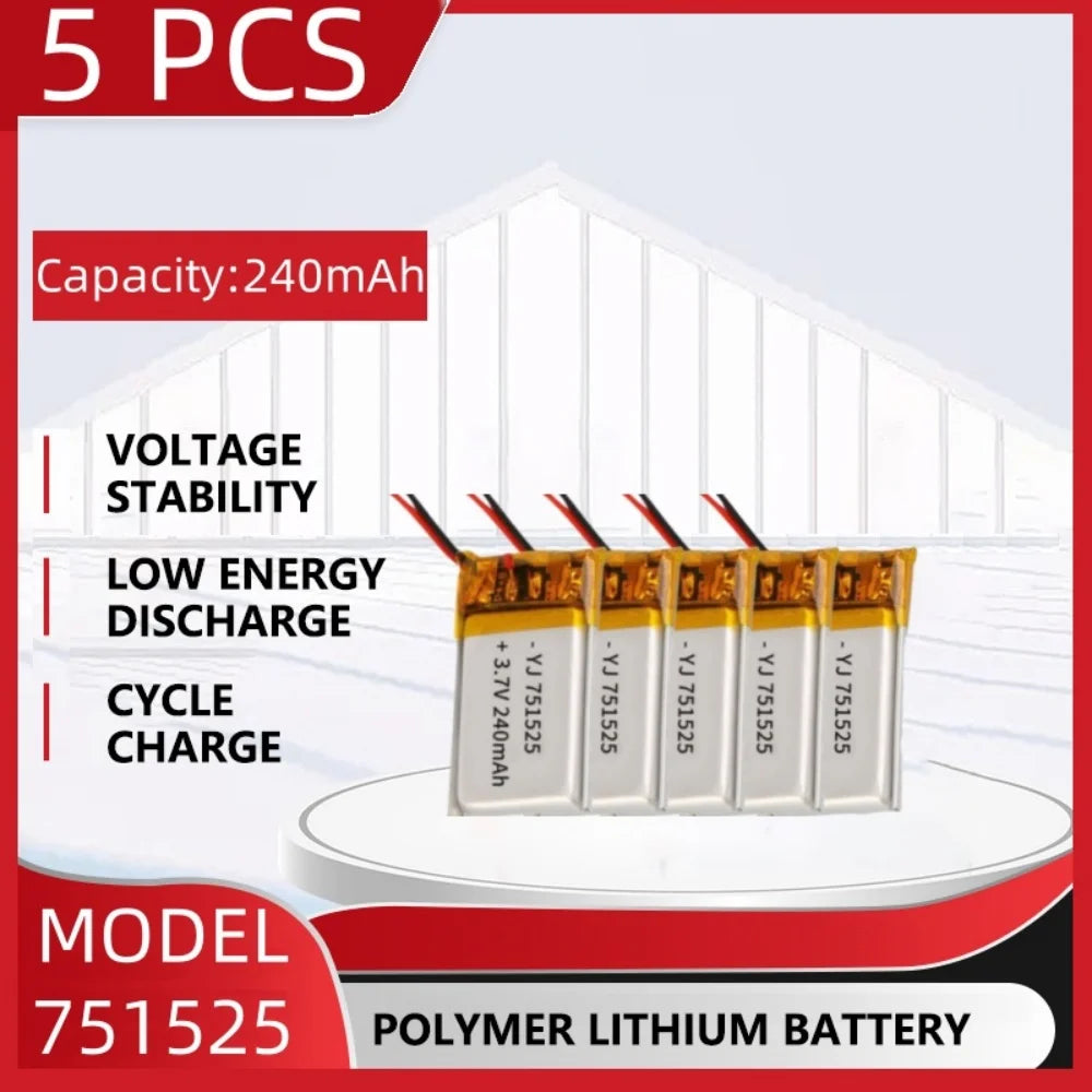 3.7V 240mAh Polymer Lithium LiPo Rechargeable Battery 751525 For Bluetooth headset, beauty instrument, selfie stick, spray, etc