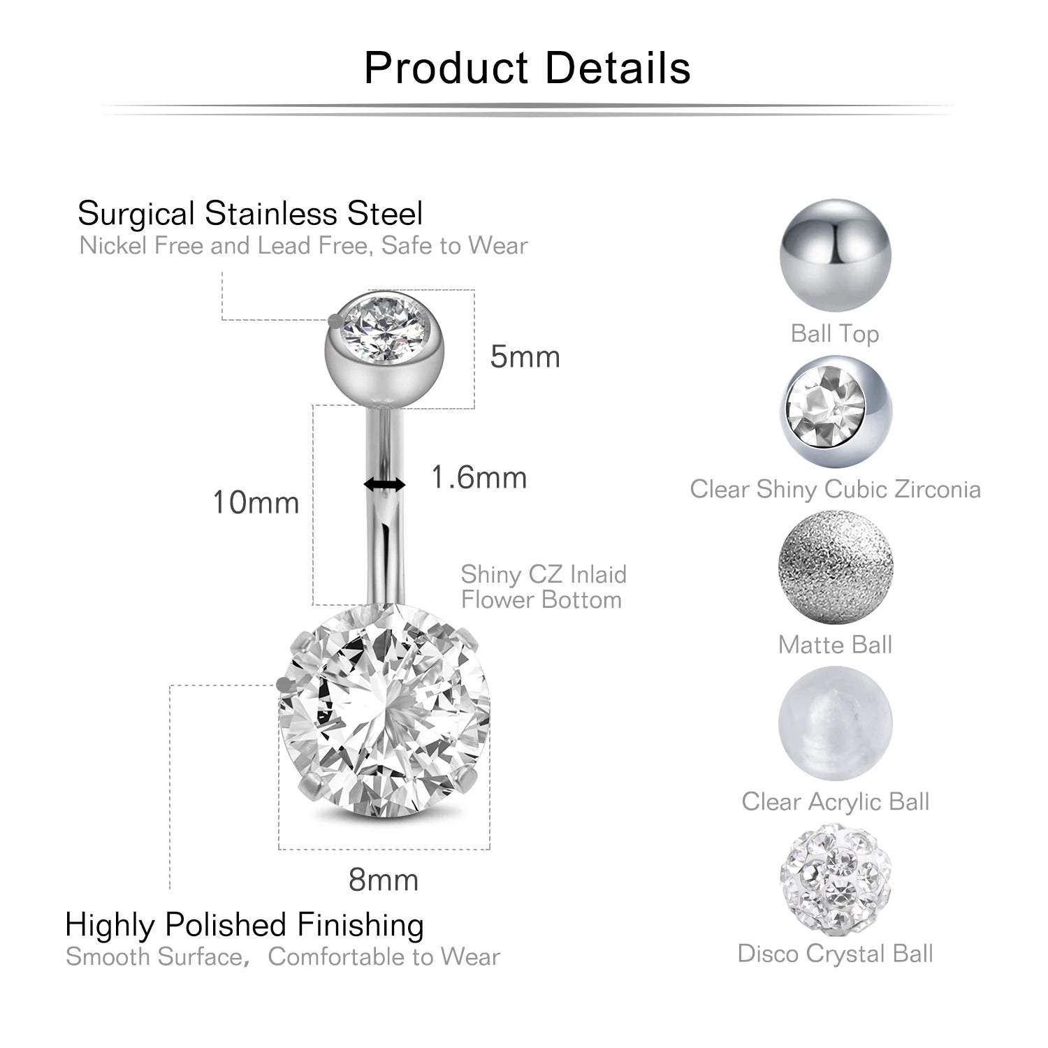 1pc 14G Belly Button Rings Navel Nombril Piercing Stainless Steel Belly Rings Women CZ Body Piercing Crystal Belly Rings Jewelry