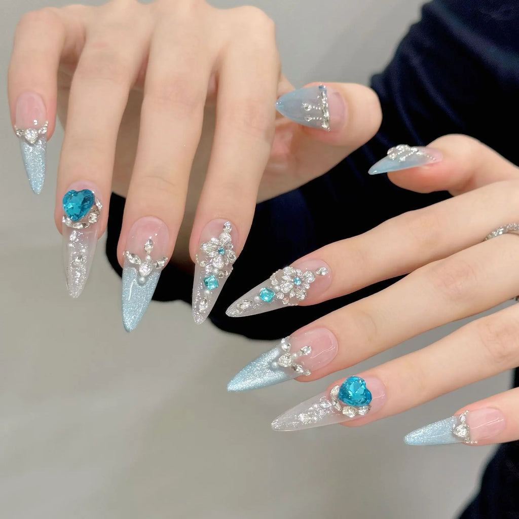 10 PCS Luxury Handmade Press on Nails Long Drop Fully-jewelled Design with 3-PIECE Tool Adhesive Nail Glue Tabs
