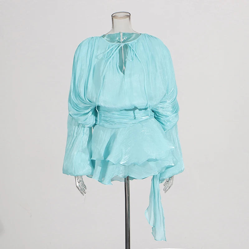 GALCAUR Solid Loose Splicd Lace Up Dresses For Women V Neck Long Sleeves Patchwork Ruffles Tunic Dreses Female Fashio New - Live Store 4U