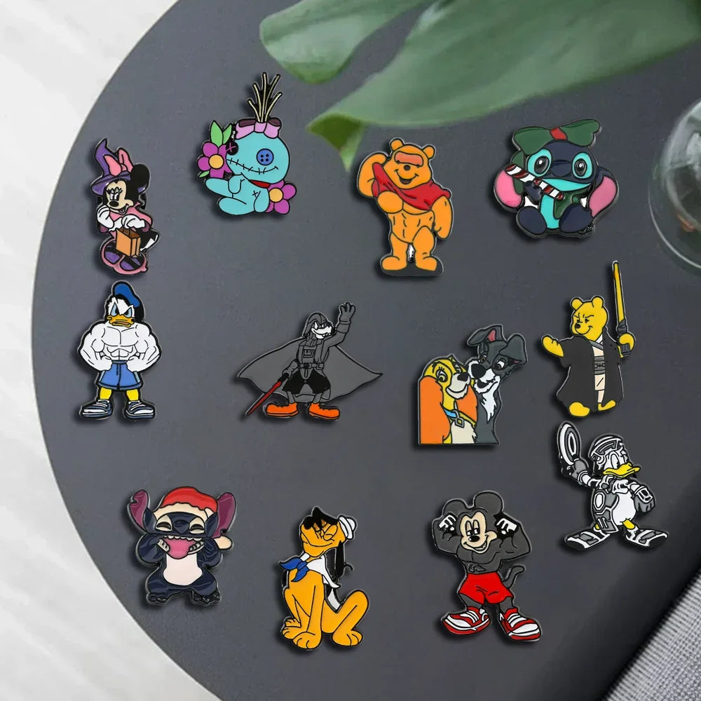 12 Pcs Spoof Cute Character Brooch Donald Duck Pooh Mickey Enamel Pin Backpack Clothing Jewelry Metal Badge Accessories Gift
