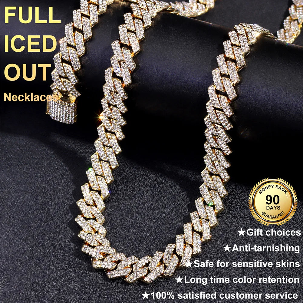 16/18/20/22/24inch Prong Cuban Link Chain for Women Men Iced Out 2 Row Rhinestone Miami Rhombus Hip Hop Cuban Necklaces Jewelry - Live Store 4U