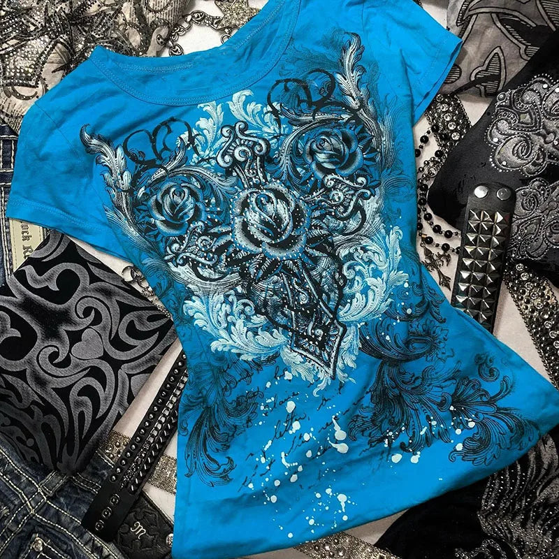 Women's Y2k Grunge T-Shirts 2000s Vinage Rhinestone Print Heart Rose T-Shirt Aesthetics Harajuku Round Neck Tops street fashion - Live Store 4U