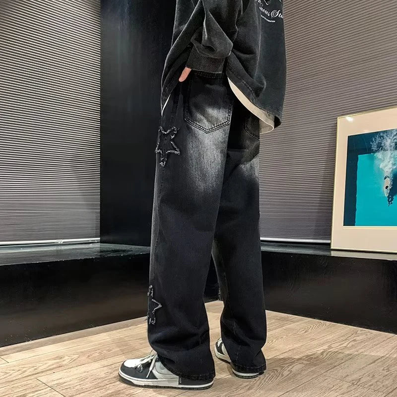 Stars Patchwork Men Jeans New Fashion Y2K Tassel Pants Korea Clothes Straight Hip Hop Splicing Trousers Male Streetwear - Live Store 4U