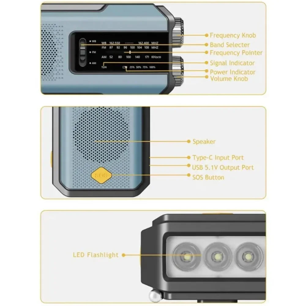 Portable Solar Crank Emergency Radio Global FM Receiver LED Flashlight 2000mAh High Quality SOS Alarm
