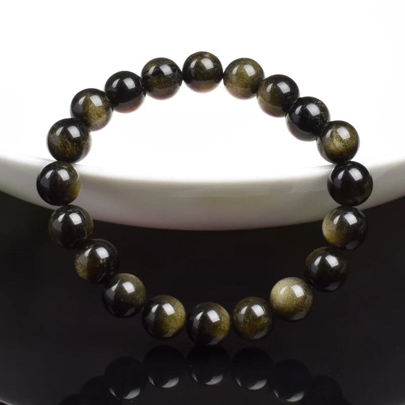 Natural Golden Obsidian Stone Beads Bracelet Men Women Golden Light Rainbow Obsidian Raw Stone Round Bead Natural Energy Jewelry - Live Store 4U