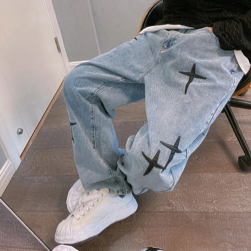 Prints Jeans Men 2023 New Streetwear Baggy Wide Leg Jeans Korean Fashion Drapes Straight Casual Loose Denim Cargo Pants - Live Store 4U