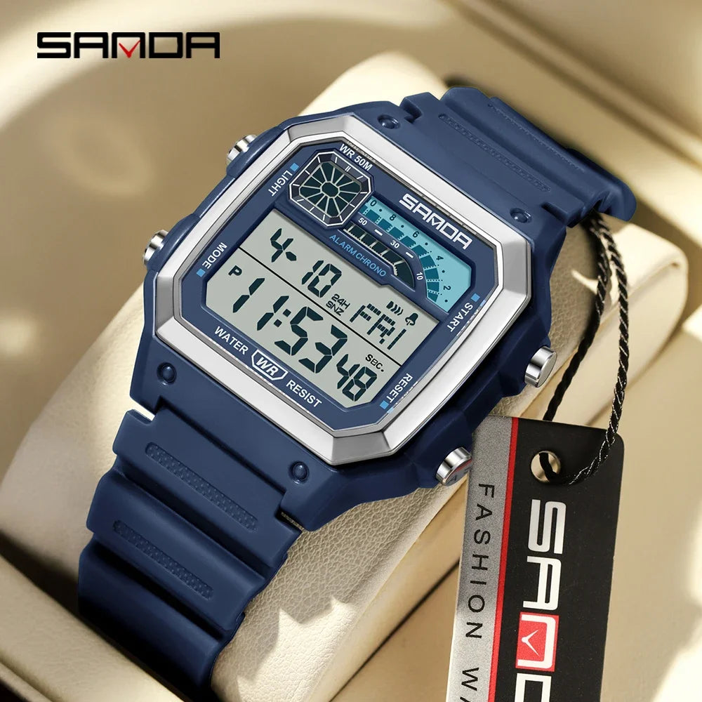 SANDA 6196 Electronic Watch Multi functional Night Glow Waterproof Sports Men's Lightweight Square Classic Student Watch