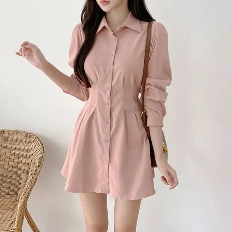 Shirt Woman Long Sleeve Dress Vintage One Pieces Clothes Aesthetic Sensual Sexy Korean Fashion Beach Hot Pink Dresses for Women
