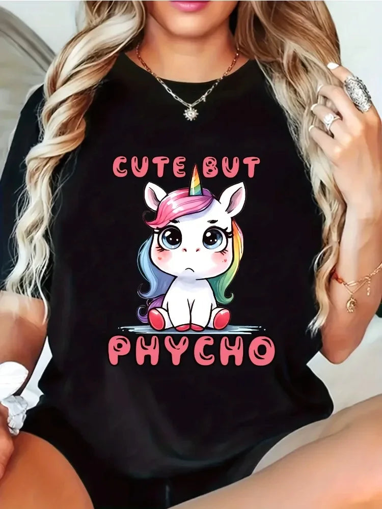 Emotional Unicorn Print Round Neck Womens T-Shirt Spring and Summer Casual Short Sleeve Top Women Short Sleeve Top Clothing